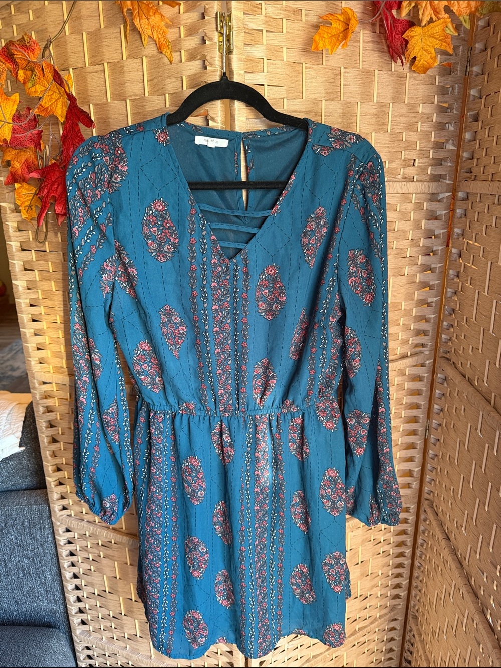 Maurices Teal Floral Long-Sleeve V-Neck Dress